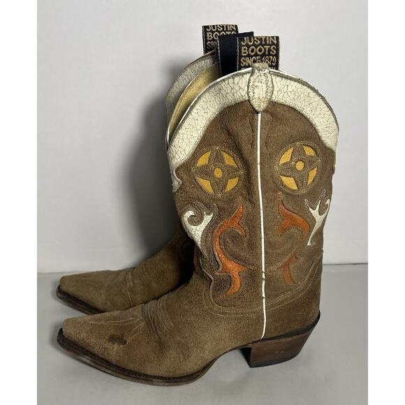 Vintage Justin Cowboy Boots Brown Orange Suede Leather Womens Size 8.5B Western - Picture 4 of 13